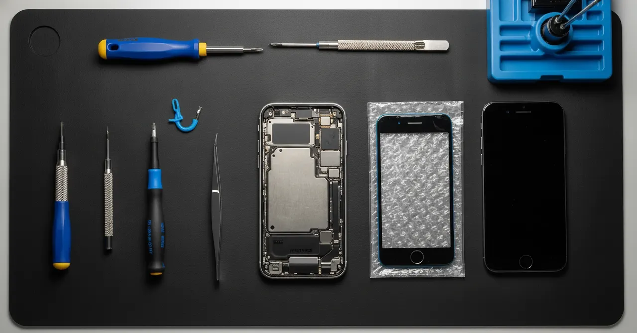 Precision repair tools, a replacement screen and an opened phone on the iRepair workbench
